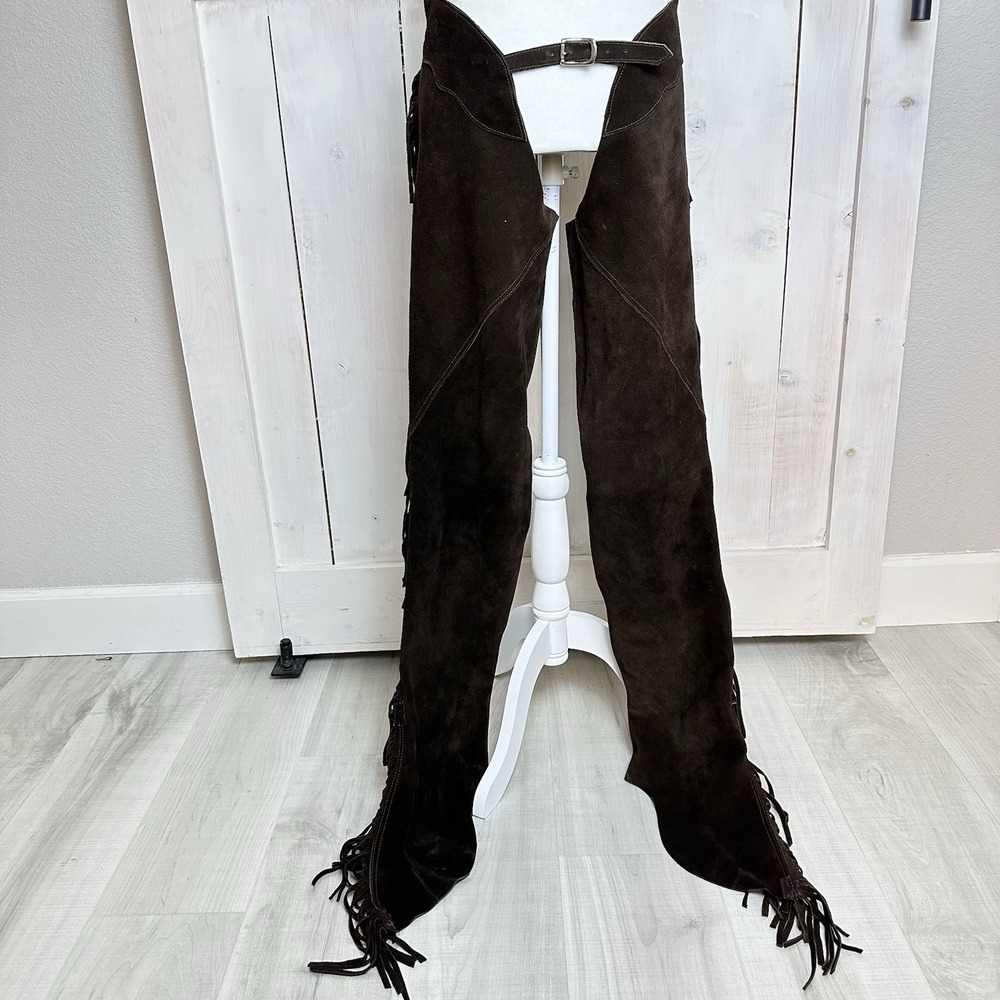 Suede Chaps Brown Fringe Adult Sz Medium| Cowboy costume | fits more like Small